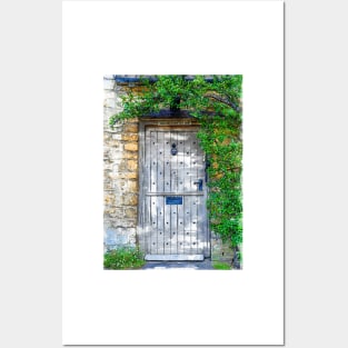 Old Grey Door Stone Wall With Green Vegetation Posters and Art